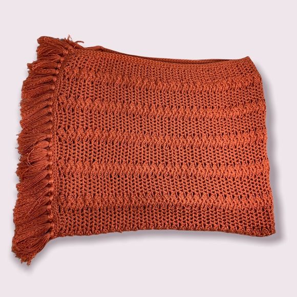 Crochet Afghan Blanket Throw Hand Crafted Salmon Pink Orange Fringe 45 x 39 - Picture 7 of 11